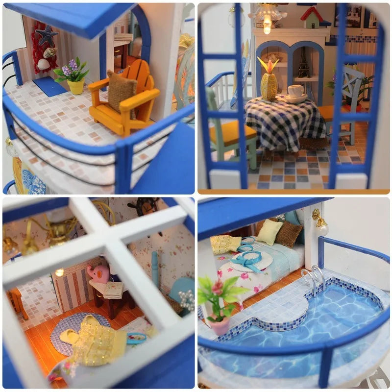 DIY Wooden Mini Doll House 3D Crafts Small House Kit Assembly Model Building Model Home Decoration with Furniture LED Lights