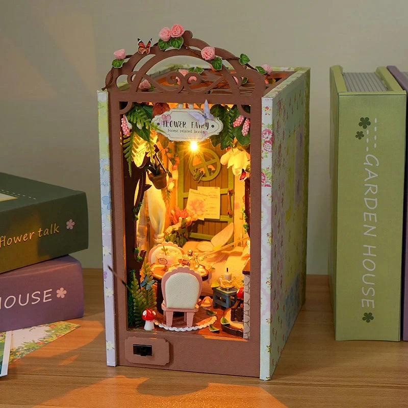 OUZEY Wooden Flower Fairy Book Nook with LED Light DIY Model Kit Friends Birthday Gift Miniature House Decoration