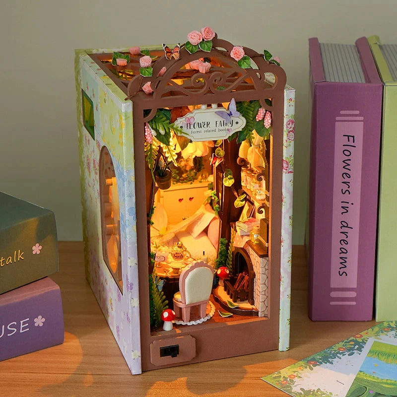 OUZEY Wooden Flower Fairy Book Nook with LED Light DIY Model Kit Friends Birthday Gift Miniature House Decoration