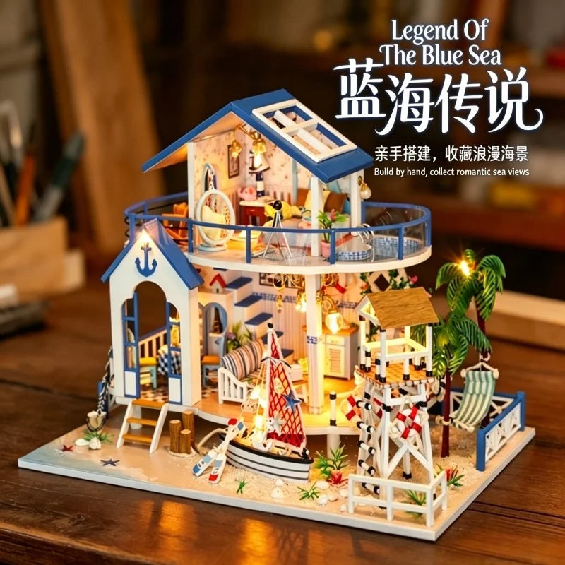 DIY Wooden Mini Doll House 3D Crafts Small House Kit Assembly Model Building Model Home Decoration with Furniture LED Lights