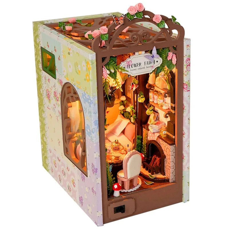 OUZEY Wooden Flower Fairy Book Nook with LED Light DIY Model Kit Friends Birthday Gift Miniature House Decoration