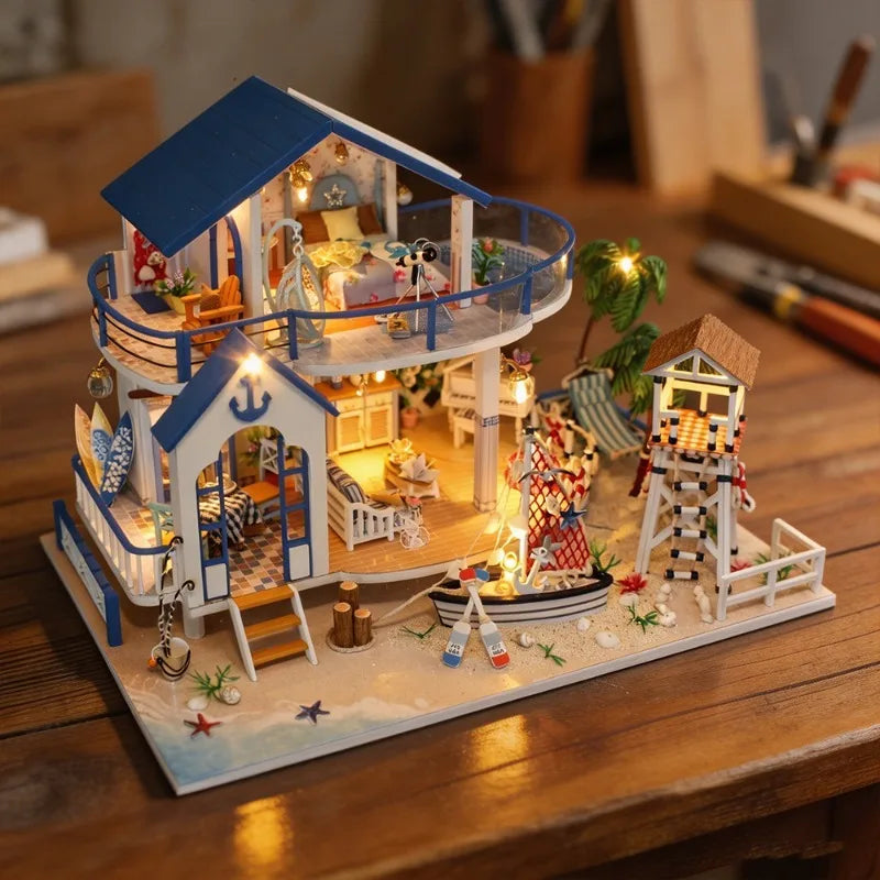 DIY Wooden Mini Doll House 3D Crafts Small House Kit Assembly Model Building Model Home Decoration with Furniture LED Lights